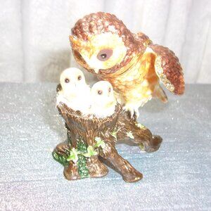 H-340 MAMA OWL AND 2 BABY OWLETTES ENAMEL TRINKET BOX